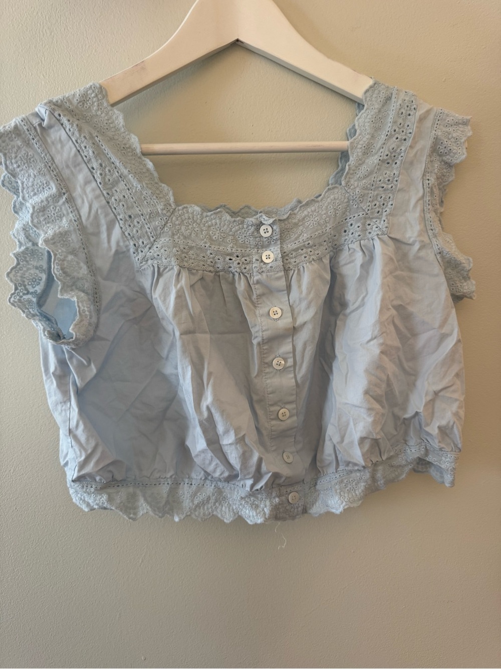 Kourtney Light Blue Lace-Trim Cropped Button Front Women's Top